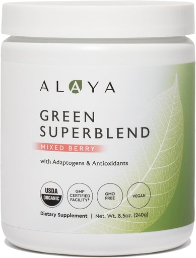 [BRSWGHARDMOQKHT3] Alaya Organic Super Greens Powder - Premium Green Juice Superfood Superfood Supplement Powder - Adaptogens, Antioxidants & Probiootit Blend - USDA Organic, non-GMO, Vegan - 30 Tarjoilut (Mixed Berry)