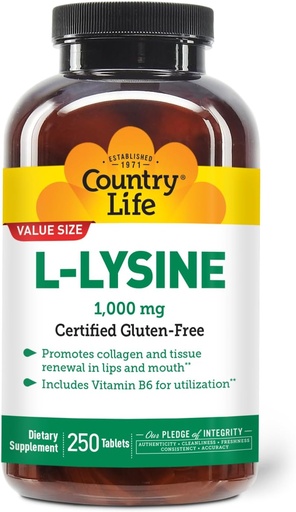 [BRSWIYQ4CJYQIDTU] Country Life L-Lysine 1000mg with B-6, Supports Immune Health, Promotes Collagen Renewal in Lips and Mouth, 250-Count, Certified Gluten Free, Certified Vegan
