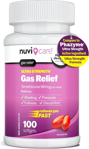 [BRSRAEI6PJYBQYI4] Ultra Strength Gas Relief - Simethicone 180mg Softgels - Anti Gas and Bloating Relief - Compare to The Active Ingredient in Phazyme Anti Gas Pills - Stomach Gas Relief for Adults (100 Count)