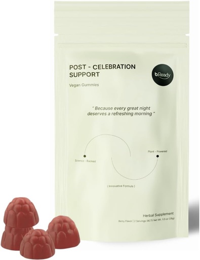 [BRSROCTYBYNWCG32] b.Ready Morning Recovery Gummies for Post-Celebration, Travel & Jet lag Wellness with Vitamin B, Milk Thistle & Prickly Pear | Travel Essential Strawberry Flavor Vegan Gummies (2 Servings)