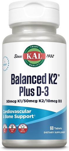 [BRSWIYYDPMOAM2DU] KAL Balanced K2 Plus D-3 Tablets, 100 mcg, 60 Cuenta