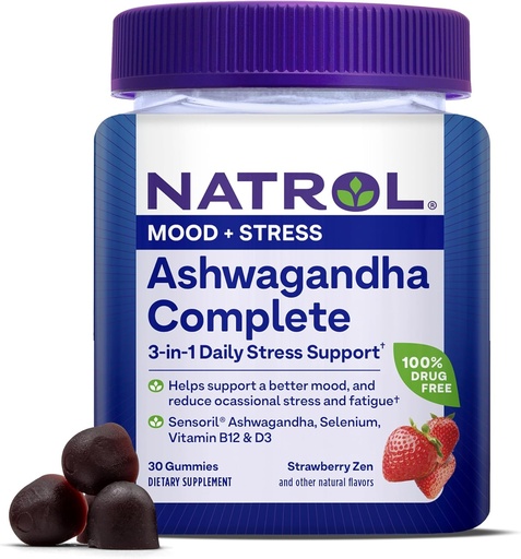 [BRSROCQFOYBAE3T2] Natrol Ashwagandha Completa Gummy, 3-in-1 Daily Stress Supports Better Mood, Reduce el estrés ocasional y la fatiga, 30 Gummies, hasta un suministro de 15 días