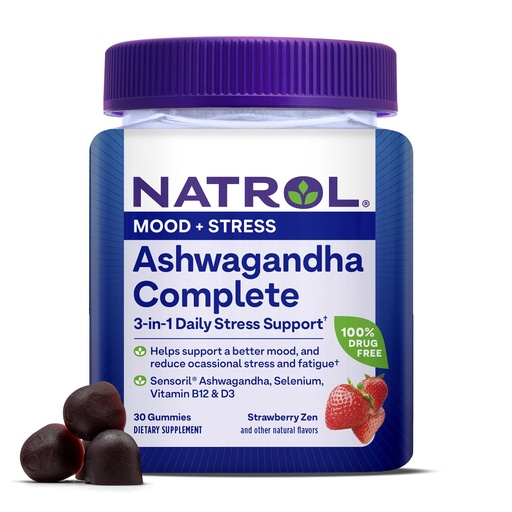 [BRSROCQFOYBAE3T2] Natrol Ashwagandha Complete Gummy, 3-in-1 Daily Stress Support, Supports Better Mood, Reduces Occasional Stress and Fatigue, 30 Gummies, Up to a 15 Day Supply