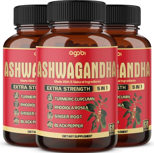 [BRSROY3RC57R62DJ] 3 Packs 60 Capsules - Ashwagandha Supplement 5200mg - 5in1 with Ginger, Turmeric, Rhodiola Rosea & Black Pepper - Stamina & Body Health Support - 6-Month Supply