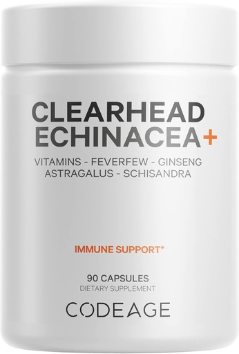 [BRSWYEACBBYQODIU] كود نظيف الرأس Echinacea+ الملحق - Echinacea, Schisandra, Feverfew, Coptis, American Ginseng, Astragalus, Garlic, Probiotics, Vitamins C ' D3, Zinc, Selenium - Clear Head Vitamin - 90 Capsules