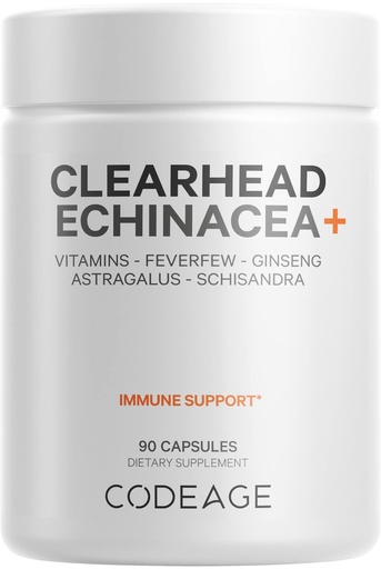 [BRSWYEACBBYQODIU] Codeage Clearhead Echinacea+ Supplement - Echinacea, Schisandra, Feverfew, Coptis, American Ginseng, Astragalus, Garlic, Probiotics, Vitamins C & D3, Zinc, Selenium - Clear Head Vitamin - 90 Capsules