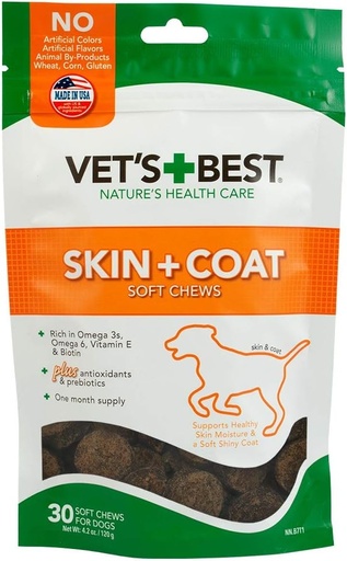 [BRSWKFQEOR4WI3IV] Vet's Best Skin & Coat Dog Supplements - Formulated with Vitamin E and Biotin to Maintain Dogs Healthy Skin and Coat - 50 Chewable Tablets