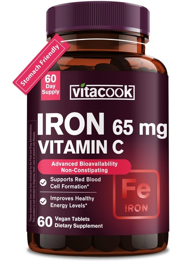 [BRSRMYYBC54AOEL3] Iron Supplement for Women Men, High Potency Iron 65mg with Vitamin C 250mg, Stomach Friendly Iron Pills for Red Blood Cell & Immune Support, Vegan, Non-GMO & Gluten Free, 60 Tablets