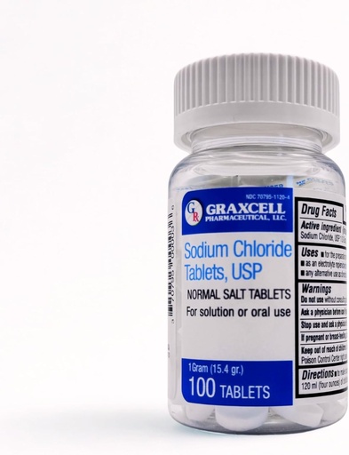 [BRSRA2YNB4NRY3TX] Sodium Chloride Tablets 1gm | Electrolyte Salt for POTS Syndrome and Dysautonomia Support | Rapid Rehydration| 15.4gr. | 100 Count | Made in The USA