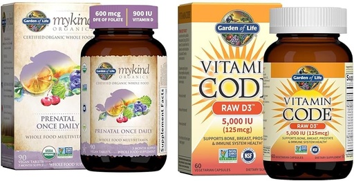 [BRSROBQCCENRAA34] Garden of Life Organics Prenatal Vitamin: Folate for Energy & Healthy Fetal Development & Vitamin D, Vitamin Code Raw D3, Vitamin D 5,000 IU