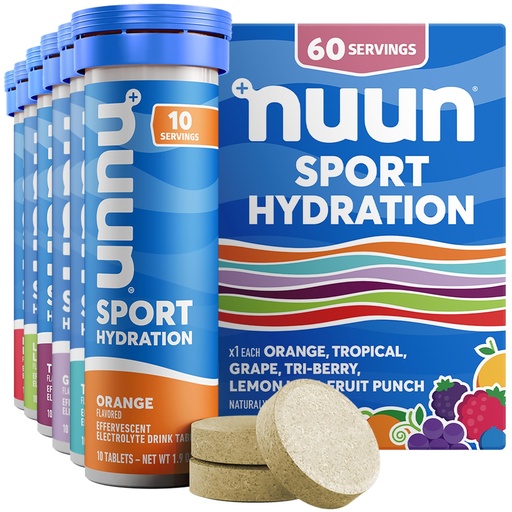 [BRSWKEYECUFWY3TM] Nuun Sport Electrolyte Tablets with Magnesium, Calcium, Potassium, Chloride & Sodium, Gluten Free & Vegan, Mixed Flavors, 6 Pack (60 Servings Total)