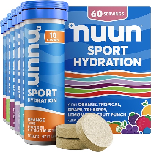 [BRSWKEYECUFWY3TM] Tablettes électrolytiques Nuun Sport avec Magnésium, Calcium, Potassium, Chlorure et Sodium, Sans gluten et végétalien, Arômes mélangés, 6 Pack (60 portions Total)