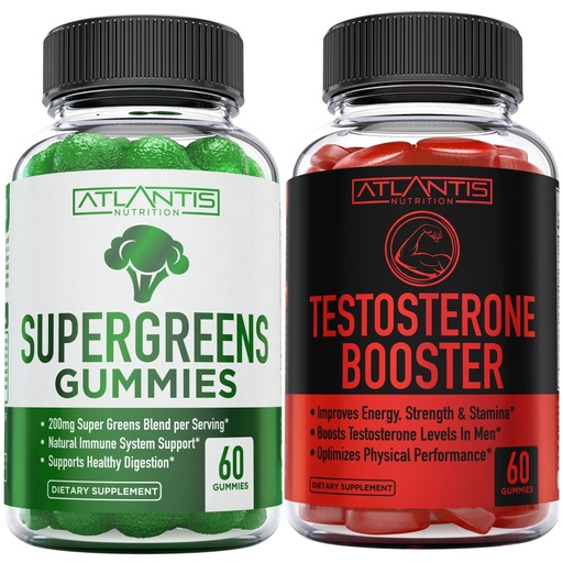 [BRSROGQ5BYMBUG3J] Atlantis Nutrition Supergreens 60 Gummies + Testosterone Booster 2-Pack (120 Gummies)