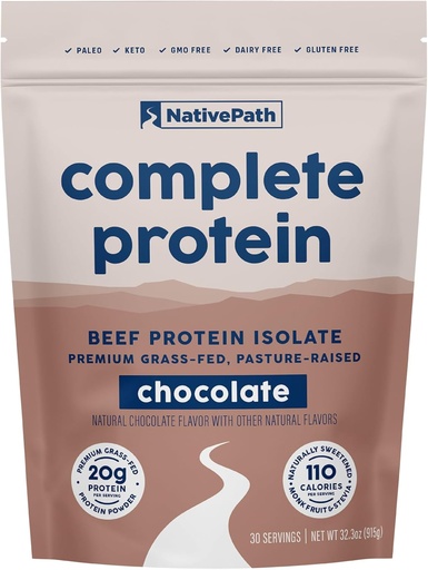 [BRSRAADQC4PAOFIY] NativePath Isolato de proteína completa de carne de vaca - Grass-Fed, Pasture-Raised, Dairy & Lactose Gratis, Gluten Free, Zero Sugar, MCTs & Aminoácidos – 20g Proteína, Chocolate Flavor, 30 Servimientos
