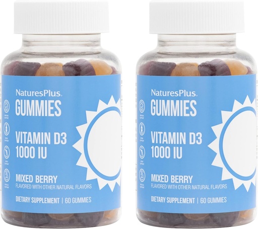 [BRSRMEAYOJ7Q4CI7] NaturesPlus Gummies Vitamin D3 1000 IU, Mixed Berry - 60 Gummis, Packung mit 2 - Fördert Knochengesundheit und Immunfunktion - Vegan, Glutenfrei, Non-GMO - 120 Gesamt Servierungen