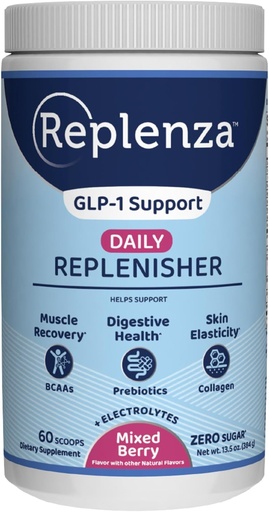 [BRSRAGDYCEJQGDLH] Replenza Daily Replenisher GLP-1 Nutritional Support, Powder, Muscle Recovery, Digestive Health & Skin Elasticity Mix of Amino Acids, Prebiotics and Collagen Peptides – Berry Flavor, 60 Scoops,13.5 OZ