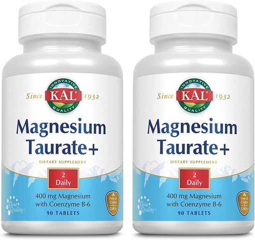 [BRSWGFIPAF7QOYA7] KAL Magnesio Taurate Plus 400mg w/Coenzima B6 | altamente biodispoñible, Chelated, Vegan | para nervios normais, función muscular e saúde cardíaca | 90 Tabs | 2 pk