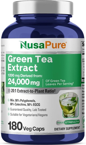 [BRSWGZIFPN4A42A2] NusaPure Green Tea 20:1 Extract, 1200 mg Equivalent to 24000mg, 180 Vegan Capsules, 50% EGCG, 98% Polyphenols, 80% Catechins