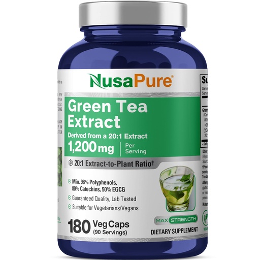 [BRSWGZIFPN4A42A2] NusaPure Green Tea Capsules, 1200 mg, 180 Veggie Capsules (Non-GMO, Vegan)