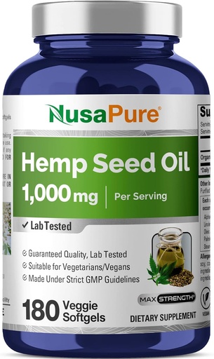 [BRSWGFIFO4NBOCA4] NusaPure Hemp Oil 1000mg Por Serving, 180 Veggie Softgels, Non-GMO, Vegan
