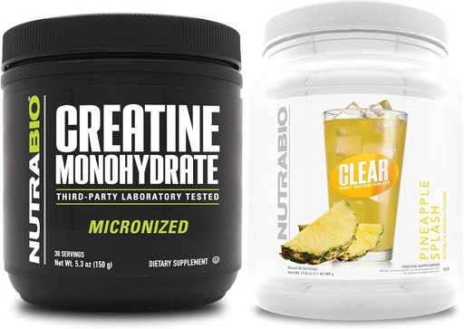 [BRSROCD6CUNWCA37] NutraBio Creatine Monohydrate, Unflavored, (150 g) and Clear Whey Protein Isolate, (Pineapple Splash) Supplement Bundle – Muscle Energy, Maximum Growth, Recovery, and Strength