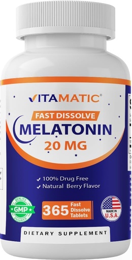[BRSW2ZI2PMMQ23DO] Vitamatic Melatonin 20 mg Tablets | Vegetarian, Non-GMO, Gluten Free | 1 Year Supply | Natural Berry Flavor - 365 Tablets