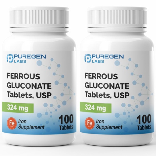 [BRSROGQHPMNB62TP] Puregen Labs Ferrous Gluconate 324 mg [High Potency] Iron Supplement, Gentle on Stomach | 2 Pack - 200 Tablets Total