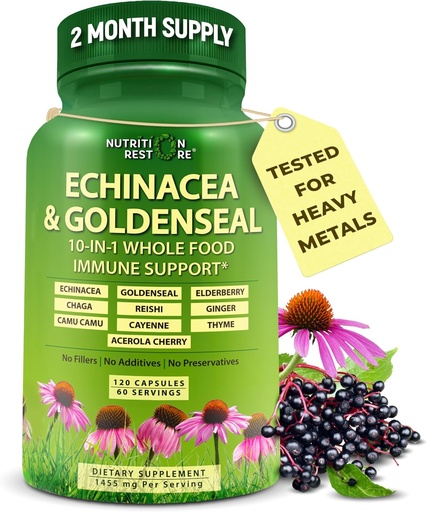 [BRSWY2Q3OIMWEHQV] Echinacea Goldenseal Capsules - 10 in 1 Immune Support Supplement - 1455mg - Vegan Echinacea Capsules Supplement Made With Organic Whole Foods - Herbal Immune System Support - 2 Month Supply