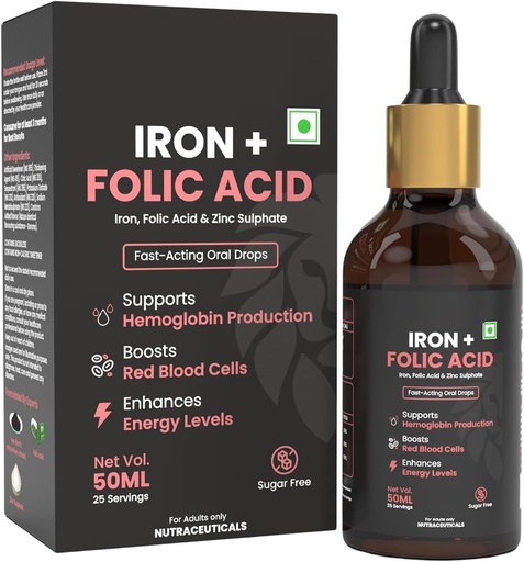 [BRSRAAIZA54BGG3Z] DURJA Iron + Folic Acid Drops | Fast Acting Liquid Iron Supplement for Women & Men with Zinc | Hemoglobin Booster & Blood Builder | Non-Constipating - 50ml '