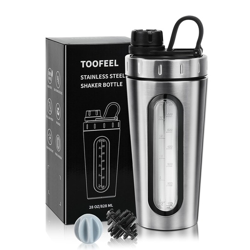 [BRSROGTRO4BGCGY7] TOOFEEL Shaker Bottles for Protein Mixes 28 oz Stainless Steel Protein Shaker with 2 Mixing Ball, Not Stays Cold/Hot, Visible Window Metal Shaker Cups, Leakproof, BPA Free Bottle Shaker
