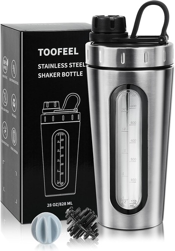 [BRSROGTRO4BGCGY7] TOOFEEL Shaker Garrafas para Misturas de Proteína 28 onças Stainless Steel Protein Shaker com 2 bola de mistura, Não permanece frio / quente, Visível janela Metal Shaker Cups, Vazamento à prova de vazamento, BPA Free Garrafa Shaker