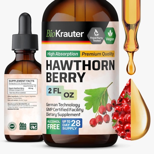 [BRSROGARBMPBUYL6] BIO KRAUTER ® Hawthorne Berry Supplement - čistý Vegan Hawthorn Berry Liquid Drops 655 mg na Serving 2 Fl.Oz 28 Days of Supply - Používá se pro celkovou podporu a denní wellness - Alkohol a cukr zdarma
