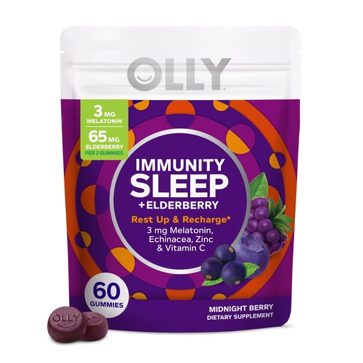 [BRSWYZIOBAPQODIZ] OLLY Immunity Sleep Gummy, Immune and Sleep Support, 3mg Melatonin, Echinacea, Zinc, Vitamin C, Chewable Supplement, Berry - 60 Count