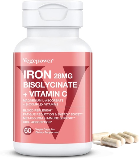 [BRSROCYTCQBA22AY] Iron Supplements for Women, Vegan Iron Bisglycinate 28mg Plus Vitamin C, Folic Acid - Iron Pills for Anemia, Iron Deficiency & Energy Support - High Absorption, Gluten-Free, Non-GMO - 60 Capsules