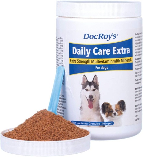 [BRSWGZLRCEGREFL3] Doc Roy's Daily Care Extra, napredni multivitamin za pse, podpira energijo, imunske, mišice, zdravje kosti in možganov, zagotavlja vitamine A C D3 E B kompleks, železov cink magnezijev jod, Made in USA 400 gm