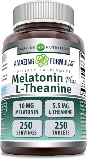 [BRSROAI5CRYQYG3V] 놀라운 수식 Melatonin 플러스 L-Theanine 10 mg 정제 보충 | Non-GMO | 글루텐 무료 | 미국에서 만든 (10 mg, 250, 카운트)
