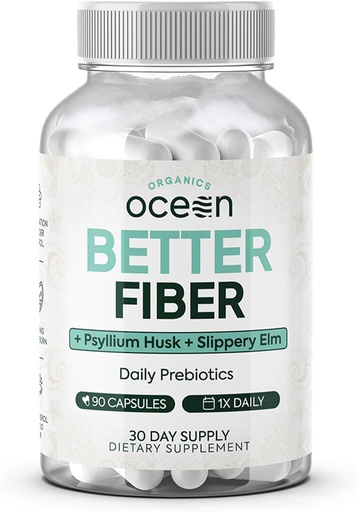[BRSRAZT7OZ4A2YAY] Organics Ocean Better Fiber - Denní Fiber dodatek - Soften Stool for Efforeless Bowel Movements - with Psyllium Hulk and Slippery Elm - 90 Kapsle