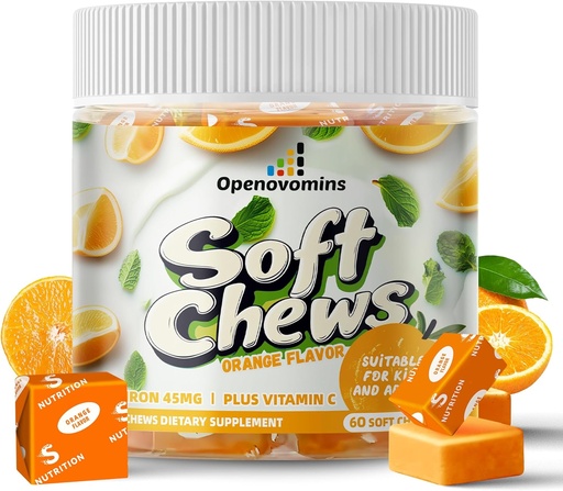 [BRSRAGL2DEMWKADB] Iron Supplement Chews with Vitamin C for Women Men and Kids, Natural Vegan Iron Soft Chew with Vitamin B6,B12,D, Calcium & Zinc - Energy Support, 60 Orange SoftChews,2 Month Supply