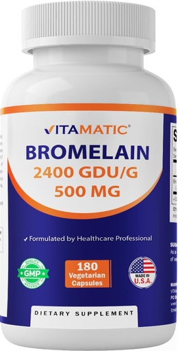 [BRSW2YA7O4ARYHTG] Vitamatic Bromelain 500 mg 2400 GDU/g, 180 Vegetarian Capsules, Made in USA | 2400 GDU/g, Enzyme Supplement, Supports Healthy Protein Digetion*, Non-GMO, Gluten Free