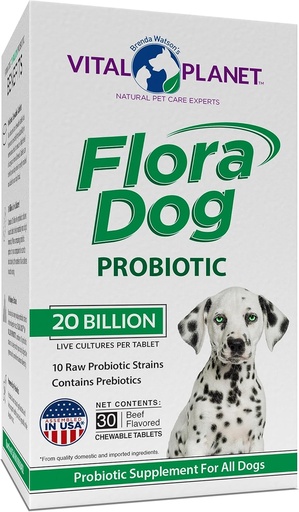 [BRSWK2T7OECBUDAV] Vital Planet - Flora Dog Probiotic Chewable Tablets Supplement mit 20 Billion Kulturen und 10 Strains, hohe Potenz Immun- und Verdauungsunterstützung Probiotika für Hunde, 30 Beef Flavored Chewable Tablets