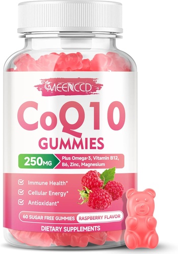[BRSRAEAEO4OWCDL6] Sugar-Free CoQ10 Gummies 250mg, Coenzyme Q10 Supplements Plus Omega-3, Vitamin B6 & Zinc, High Absorption CoQ10 Supplement for Cellular Energy & Antioxidant Support, Raspberry Flavor, Vegan 60Cts
