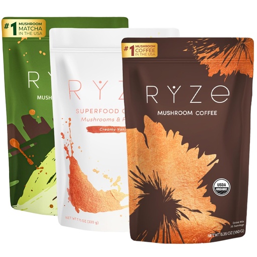 [BRSRAAYPOEBBMELB] RYZE SUPERFOODS Ultimate Energy Bundle, USDA Organic Mushroom Coffee & Mushroom Matcha + Probiotic Creamer with 6 Adaptogenic Mushrooms for Better Energy, Focus, Digestion, Immunity, 30 serving each