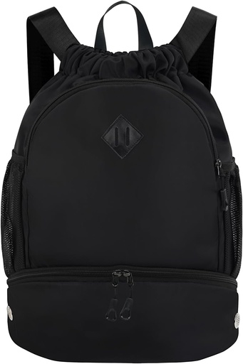 [BRSRAZYQAUOWKE3A] Drawstring Backpack Gym Backpack with Shoe Compartment for Men Women String Sports Bag with Wet Pocket Cinch Swim Beach Bag, Black (Patent Pending)