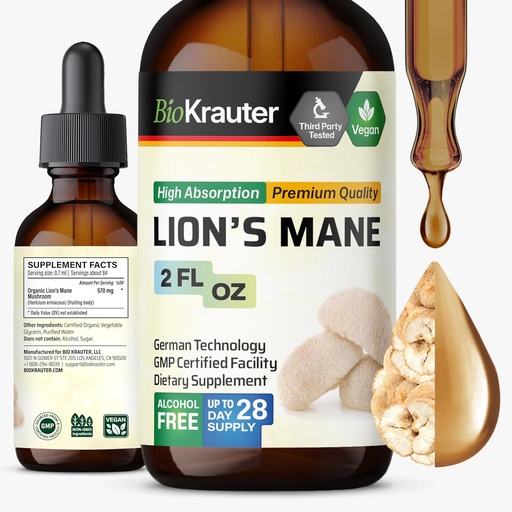 [BRSWYYARBF6WAA3Z] BIO KRAUTER Lions Mane Liquid Extract - Mushroom supplement for Brain Support - Vegan Lions Mane supplement - Alcohol " Sugar Free drops - 2 Fl.Oz.