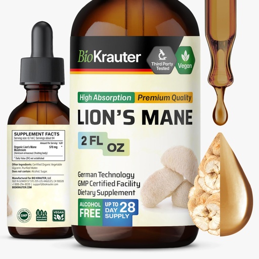 [BRSWYYARBF6WAA3Z] BIO KRAUTER® Lions Mane for Focus Support & Brain Health - Vegan Lion's Mane Mushroom Supplement, Natural Clarity & Immune Support - 2 Fl.Oz., 28-Day Supply, Alcohol & Sugar Free