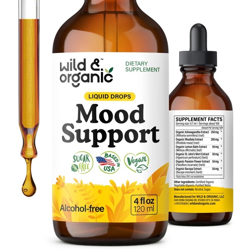 [BRSROY32AV4BY2A2] Wild & Organic Mood Support Supplement - Natural Liquid Drops for Positive Energy - Calm Mind Supplement for Women and Men - Non-Alcohol Ashwagandha & Rhodiola Rosea Root Tincture for Good Mood - 4 oz