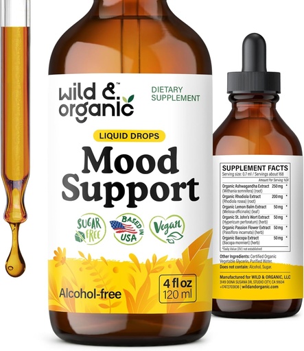 [BRSROY32AV4BY2A2] Wild & Organic Mood Support Supplement - Natural Liquid Drops for Positive Energy - Calm Mind Supplement for Women and Men - Non-Alcohol Ashwagandha & Rhodiola Rosea Root Tincture for Good Mood - 4 oz