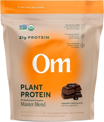 [BRSW2FLQPICGEDT2] OM MUSHROOM SUPERFOOD Master Blend Vegan Protein – Organic Chocolate Plant Protein with 10 Mushrooms, Ashwagandha, BCAAs & B12 – Energy, Recovery & Immune Support – 1.2 lb (16 Servings)