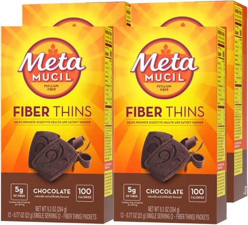 [BRSWGFILCAJRQ3LP] Metamucil, Fiber Thins, Daily Psyllium Husk Fiber Supplement, Supports Digestive Health and Satisfies Hunger, Chocolate Flavor, 48 Total Servings (4 Packs of 12)