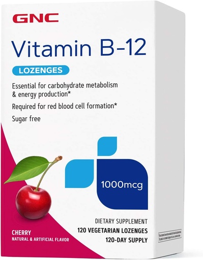 [BRSWYZQTO4IGOA3J] GNC Vitamina B-12 1000mcg, cereza, apoya la producción de energía, 120 Lozenges